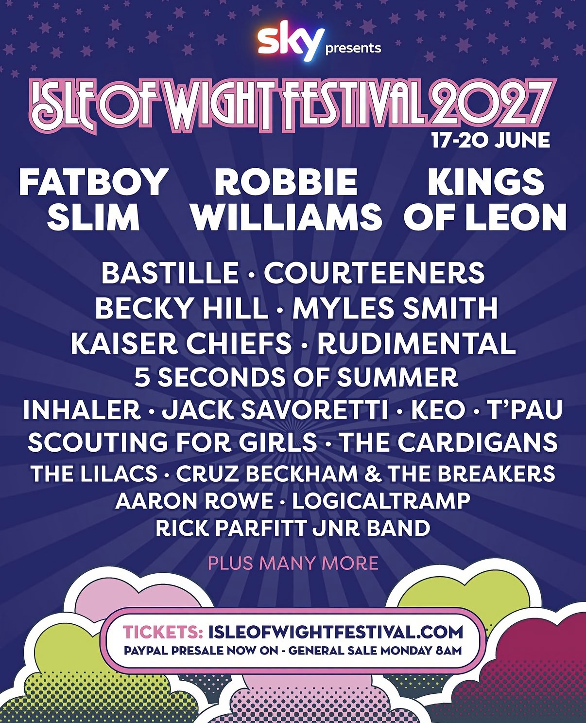 Isle of Wight Festival 2027 first line-up poster, featuring Fatboy Slim, Robbie Williams and Kings of Leon, 17–20 June.