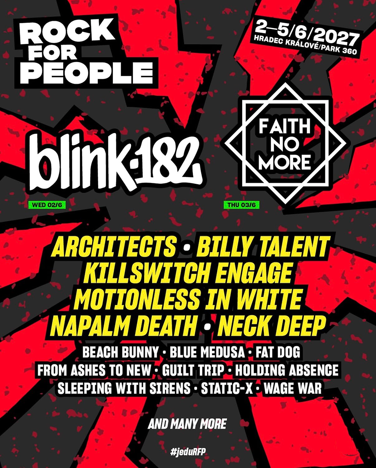 Rock For People 2027 first-wave line-up poster, featuring blink-182 and Faith No More at Park 360, Hradec Králové, 2–5 June 2027