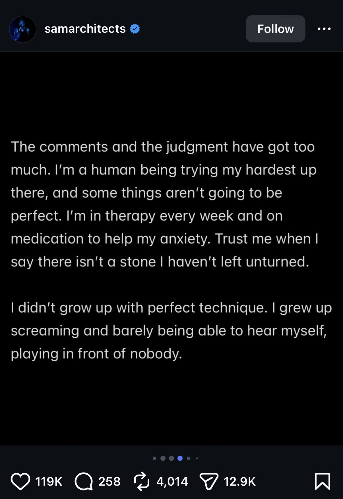 Sam Carter’s Instagram statement about online criticism, performance anxiety and his vocal technique