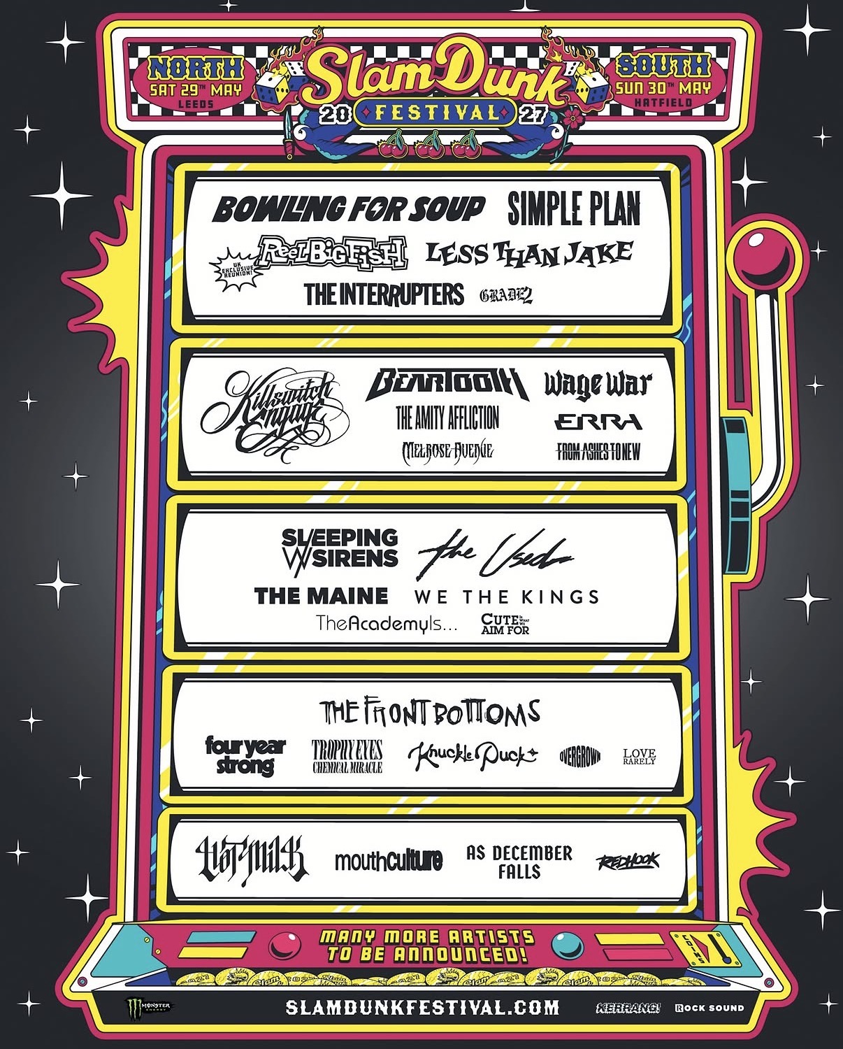Slam Dunk Festival 2027 first-wave lineup poster showing announced artists for North and South