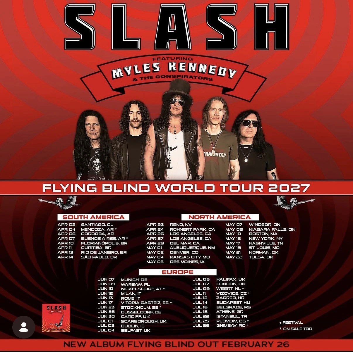 Slash Featuring Myles Kennedy & The Conspirators Flying Blind World Tour 2027 poster with South American, North American and European dates.