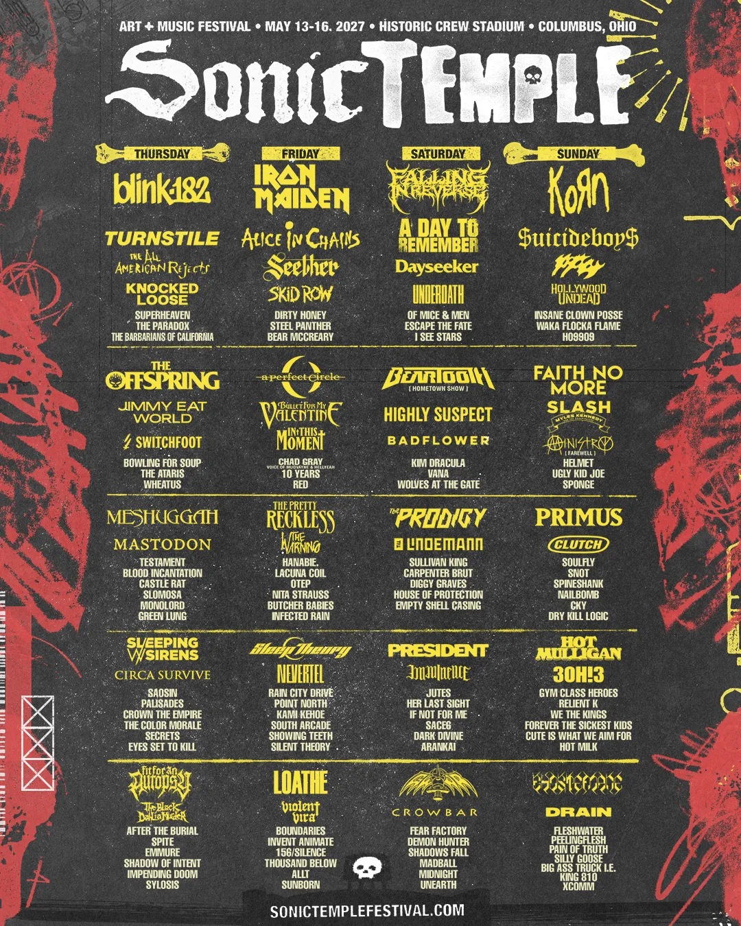 Sonic Temple 2027 full lineup poster: 13–16 May at Historic Crew Stadium, Columbus, Ohio, with Blink-182, Iron Maiden, Falling In Reverse and Korn headlining.